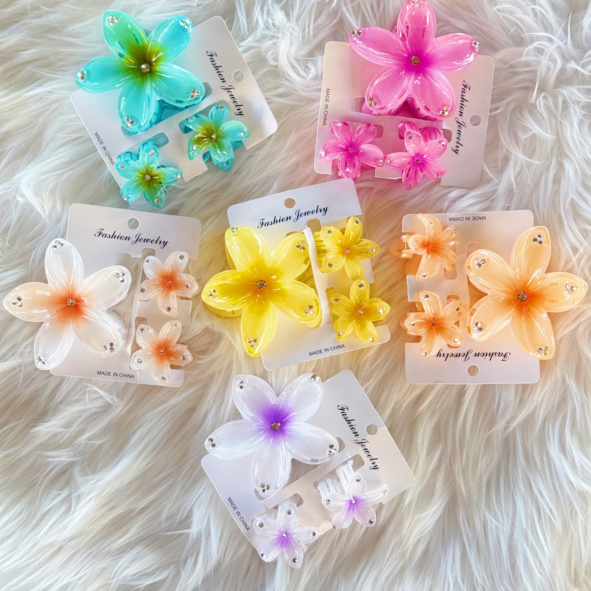 Hawaiian Hibiscus Flower Rhinestone Hair Claw Clip Set