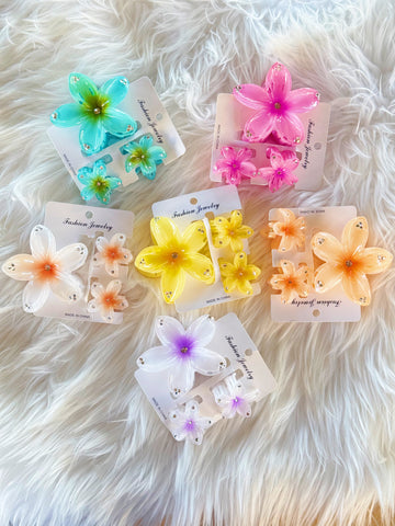 Hawaiian Hibiscus Flower Rhinestone Hair Claw Clip Set