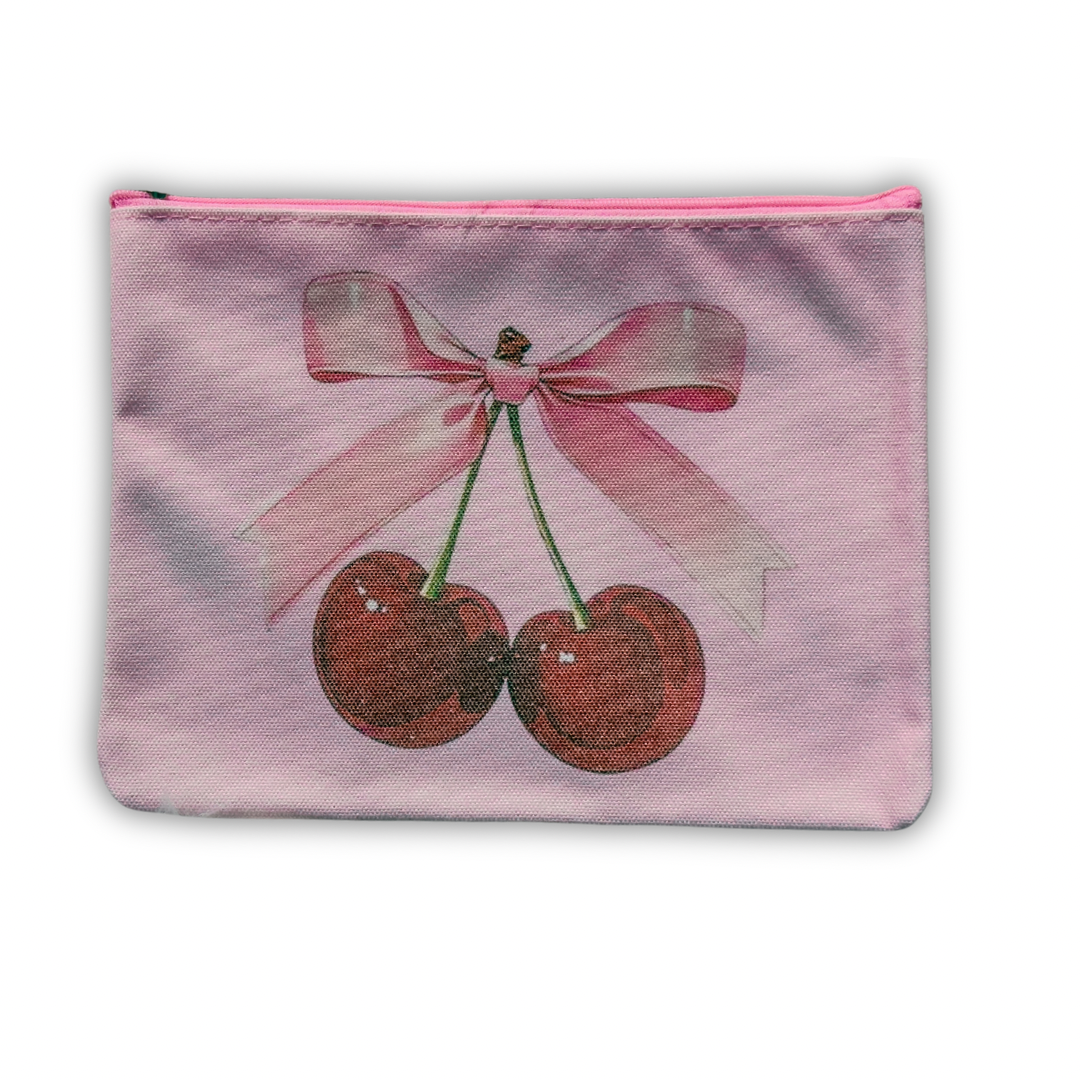 Cherry Coquette Mini Makeup Pouch for Purse – Pink Bow Zipper Pouch Bag with Keychain Clip