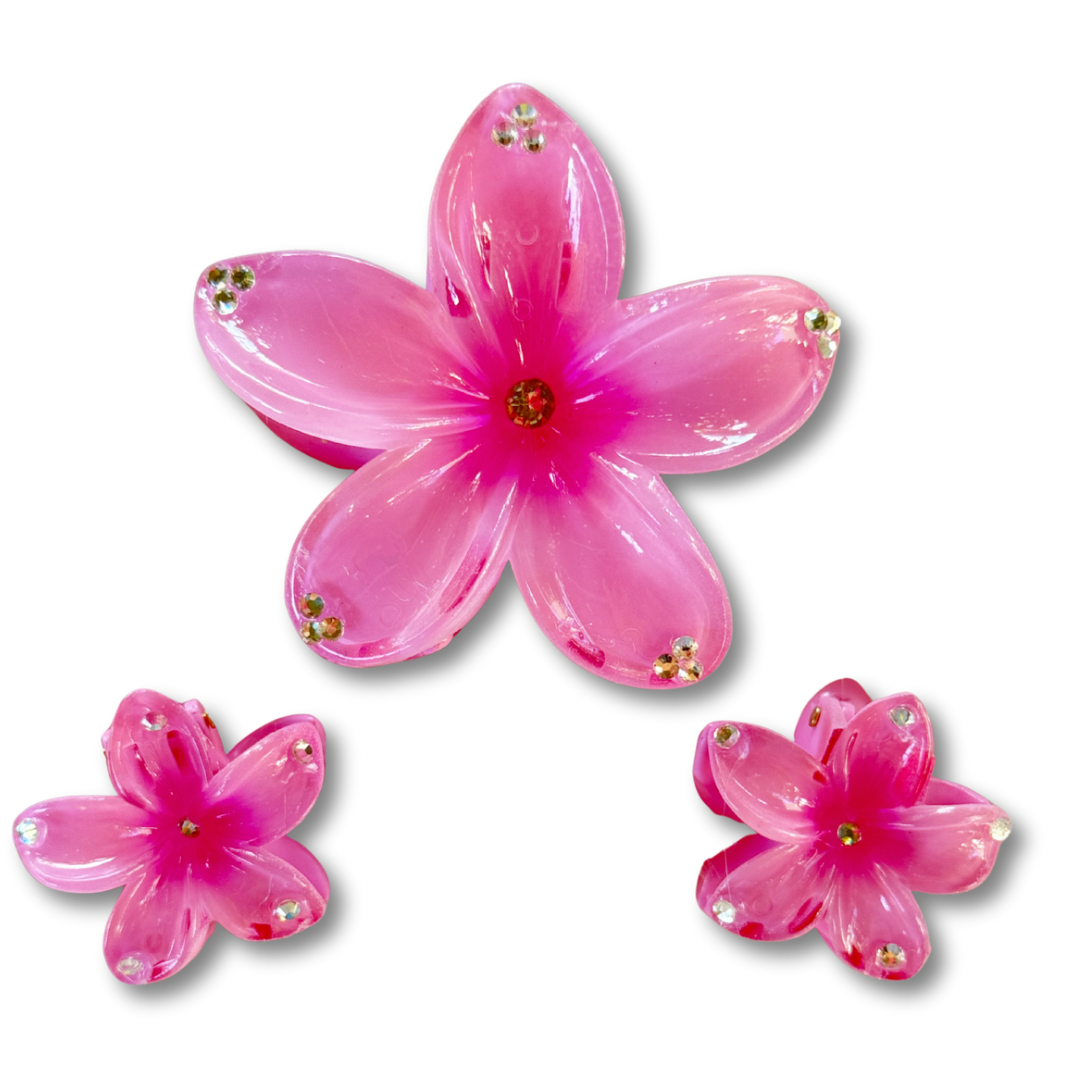Hawaiian Hibiscus Flower Rhinestone Hair Claw Clip Set