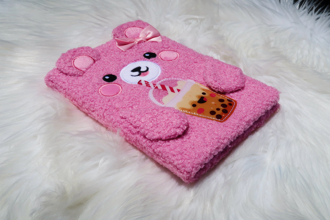 Kawaii Boba Bear Plush Notebook – Cute Back to School Hardcover Journal for Girls