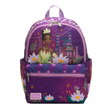 Disney Princess and the Frog Tiana Mini Backpack – Kawaii Purple & Green Nylon Bag with Adjustable Straps, Side Pockets & Front Zipper Pouch – Cute Disney Park Bag for Women & Teens