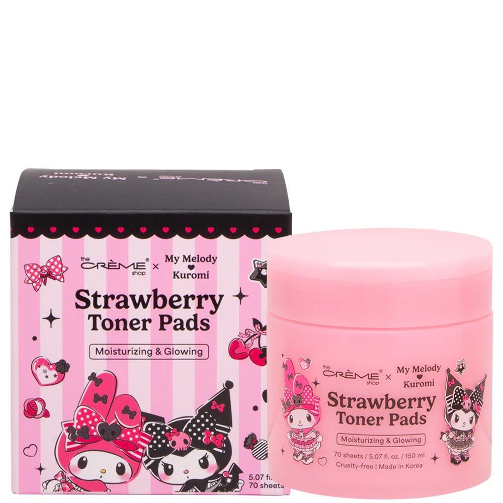 The Crème Shop x My Melody & Kuromi Strawberry Toner Pads | K-Beauty Glow Exfoliating Skincare with LHA & Strawberry Extract – 70 Sheets