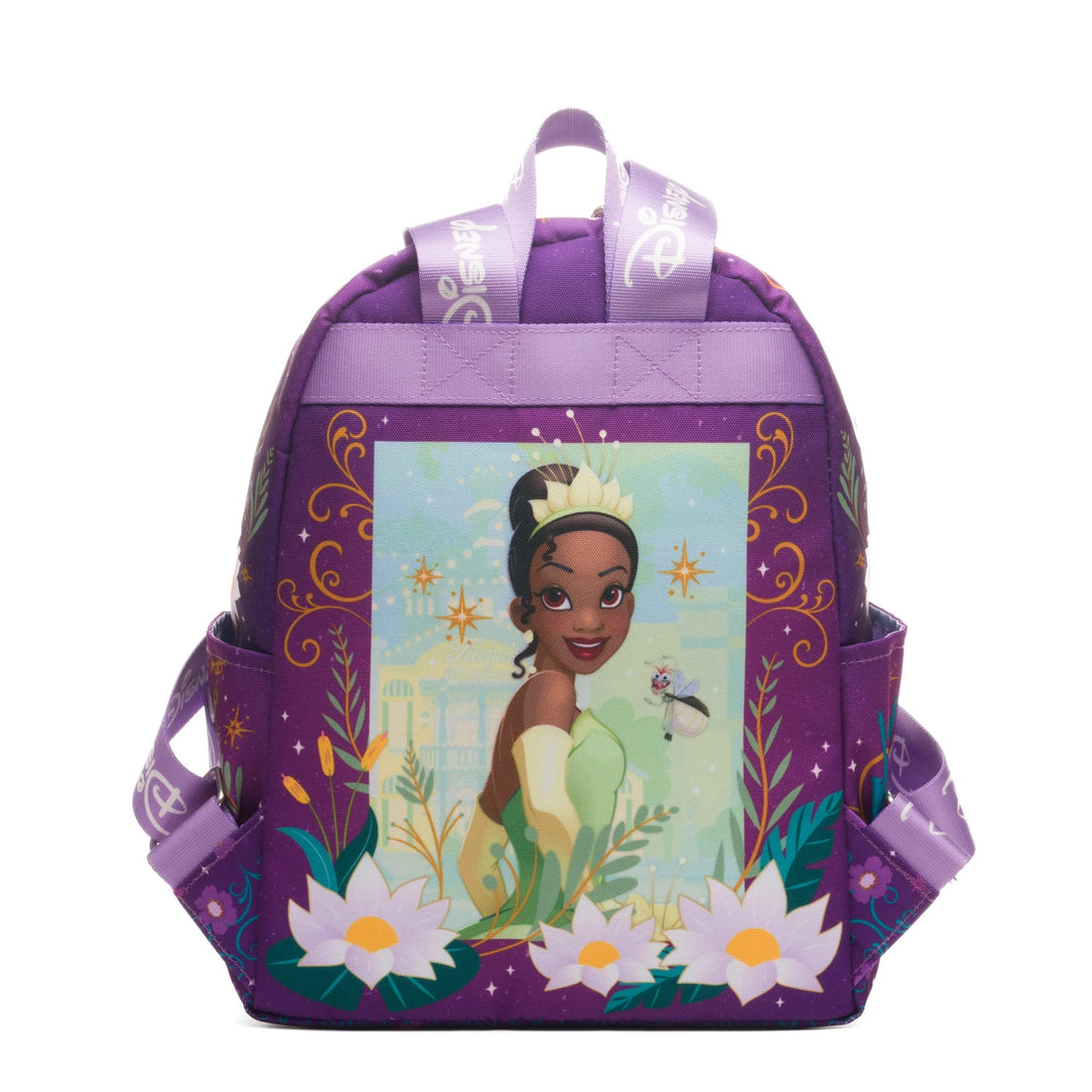 Disney Princess and the Frog Tiana Mini Backpack – Kawaii Purple & Green Nylon Bag with Adjustable Straps, Side Pockets & Front Zipper Pouch – Cute Disney Park Bag for Women & Teens