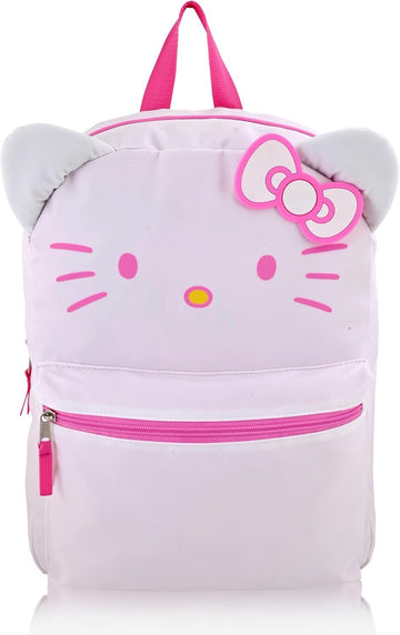 Hello Kitty 16" Kawaii Backpack with 3D Ears & Bow | Pink Sanrio Backpack for Toddlers, Kids & Teens | Durable Nylon School Bag for Girls & Boys